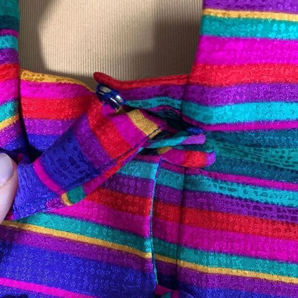 Vintage Adrianna Papell Jacket Collarless Hourglass Blazer Silk Rainbow Stripe - Picture 8 of 11